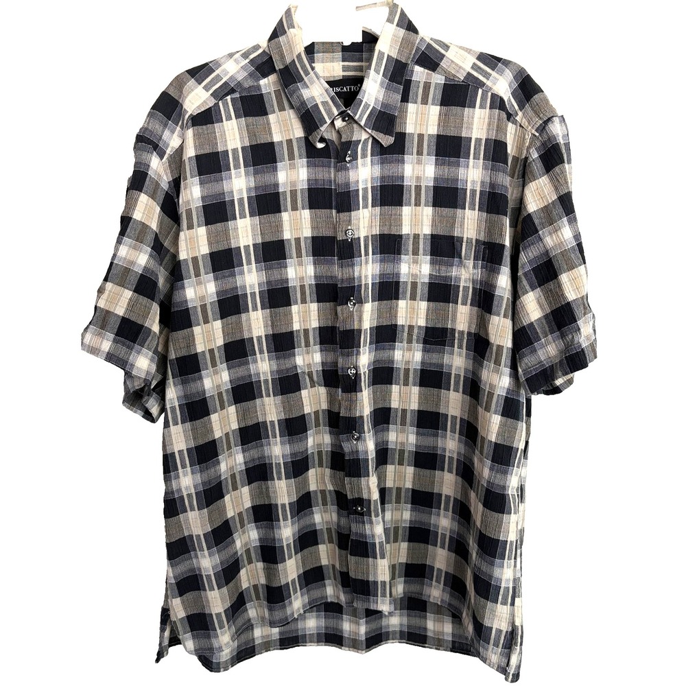 Riscatto Shirt Mens Large Black Beige Plaid Short Sleeve Button Up Pocket Cotton